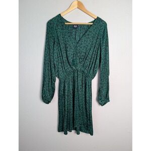 GAP Dress Womens M Green‎ Short Wrap V-Neck Balloon Sleeve Smocked Pleated